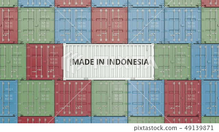 Container with MADE IN INDONESIA text. Indonesian import or export related 3D rendering 49139871