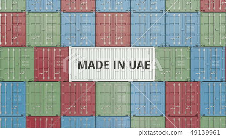 Container with MADE IN UAE text. United Arab Emirates import or export related 3D rendering Container with MADE IN UAE text. United Arab Emirates import or export related 3D rendering 49139961