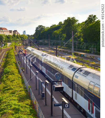 Train arriving to station, Copenhagen 49142622