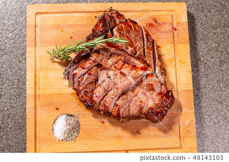 food, delicious, horse meat and craft concept - serving of grilled steak 49143103