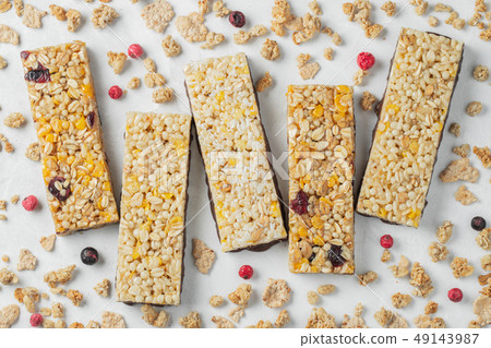 Healthy sweet dessert snack. Cereal granola bar. 49143987