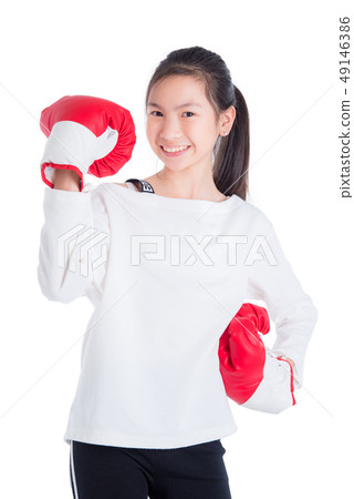girl wearing red boxing gloves isolated on white girl wearing red boxing gloves isolated on white 49146386