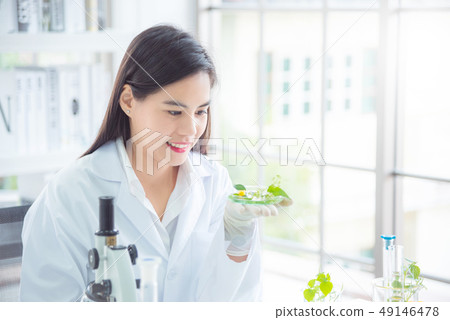 laboratory worker holding glass plate with plant 49146478