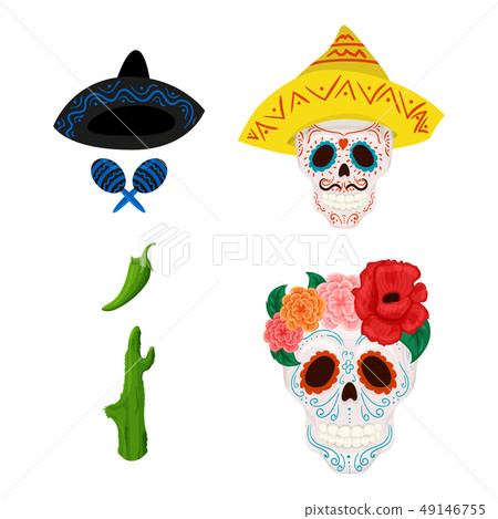 Mexican sugar skull illustration and objects for Cinco de Mayo Mexican sugar skull illustration and objects for Cinco de Mayo 49146755