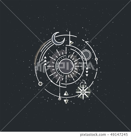Vintage illustration of thin line sun of sacred. 49147245