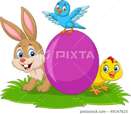 Cartoon rabbit with baby chick, bluebird and egg o Cartoon rabbit with baby chick, bluebird and egg o 49147625