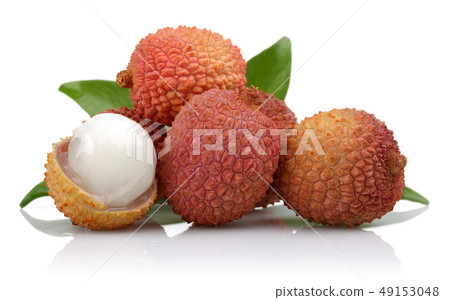Fresh lychee fruit and leaves isolated on white 49153048