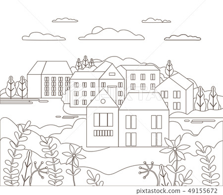 Thin line outline landscape rural farm. Panorama Thin line outline landscape rural farm. Panorama 49155672