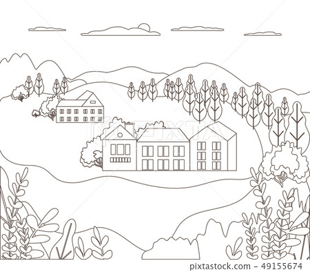 Thin line outline landscape rural farm. Panorama 49155674