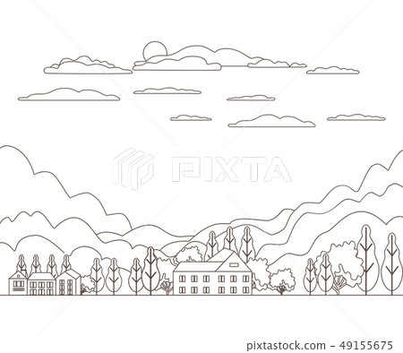 Thin line outline landscape rural farm. Panorama 49155675