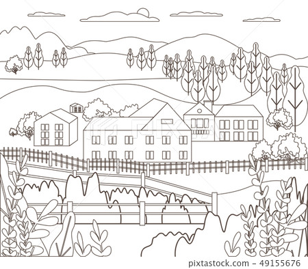 Thin line outline landscape rural farm. Panorama 49155676