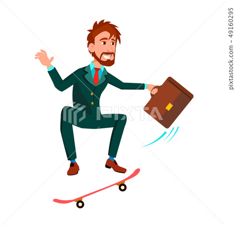 Businessman With Briefcase Rushes Standing On Skateboard Vector Flat Cartoon Illustration Businessman With Briefcase Rushes Standing On Skateboard Vector Flat Cartoon Illustration 49160295