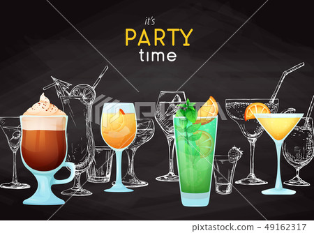 Background with different cocktails. Drawing chalk Background with different cocktails. Drawing chalk 49162317