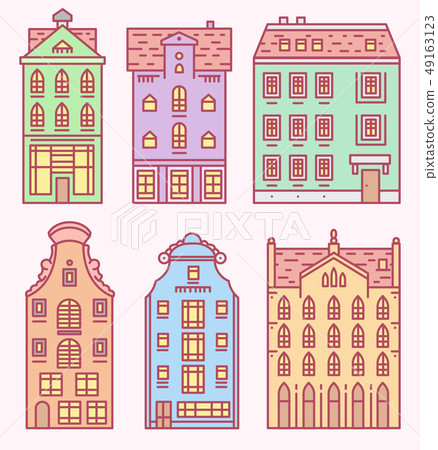Europe house and apartments. Set of cute architecture in Amsterdam. Neighborhood with classic street 49163123