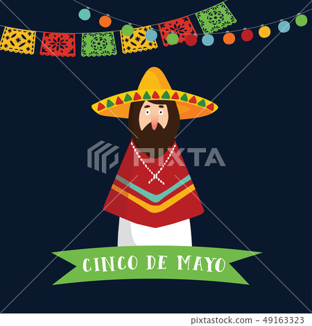 Cinco de Mayo greeting card, invitation. Mexican man with sombrero hat, poncho and ribbon banner 49163323