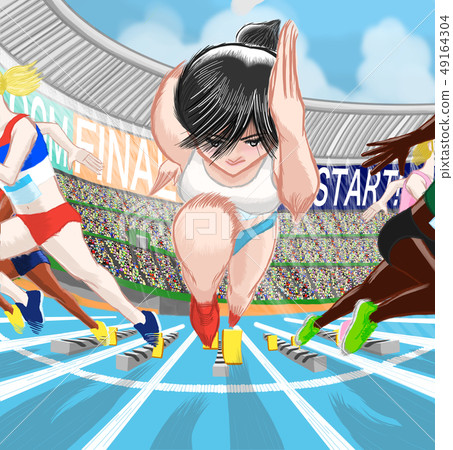start! Track short distance Tracked Stand Screen roof Sky Cloud Lettered Other competitor present 49164304