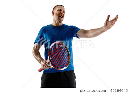 Stressed tennis player arguing with chair empire at court. Stressed tennis player arguing with chair empire at court. 49164643
