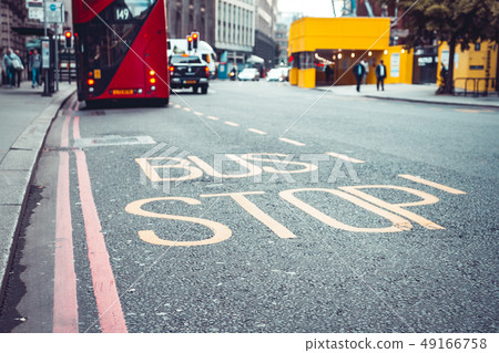 Bus top sing on the road in London Bus top sing on the road in London 49166758