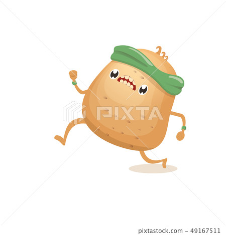Cartoon funky potato character running or jogging isolated on white background. Cute sporty 49167511