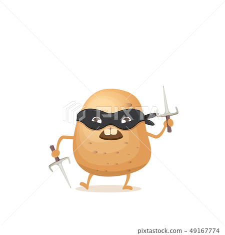 vector cartoon ninja potato character with black super hero mask and ninja knife sai isolated on 49167774