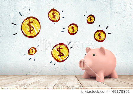 3d rendering of pink piggy bank on white wooden floor with cartoon dollar coins on white wall 49170561