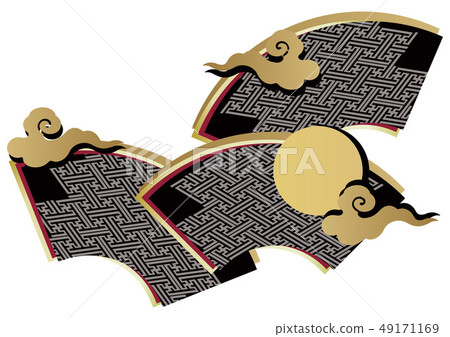 Japanese pattern material. Ground paper crest. Fans and clouds over the moon. Kaminari and moonlight design. 49171169