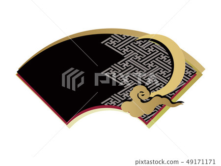 Japanese pattern material. Ground paper crest. Fans and clouds over the moon. Kaminari and moonlight design. 49171171
