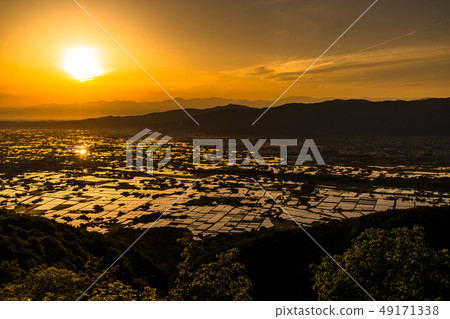 “富山縣”稻田的早晨景觀和水彩的礪波平原“從Ouyoyama” 49171338