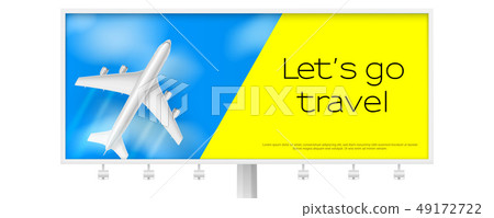 Silver airplane in blue sky with clouds. Billboard 49172722