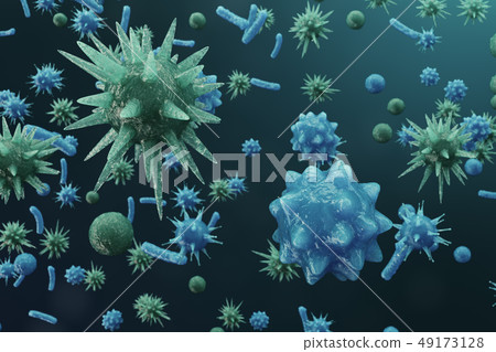 3D illustration Virus backgorund. Viruses influenza, hepatitis, AIDS, E. coli, colon bacillus 3D illustration Virus backgorund. Viruses influenza, hepatitis, AIDS, E. coli, colon bacillus 49173128