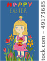 Cute little child girl holding painted egg in flowers 49173685