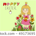 Cute little child girl holding painted egg in flowers 49173695