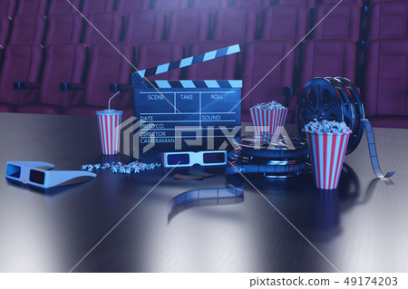 Cinema film concpet with popcorn, 3d glasses, filmstrip, clapperboard movie reel and two tickets 49174203