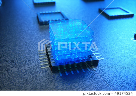 AI - artificial intelligence CPU concept. Machine learning. CPU on the board with glow tracks 49174524