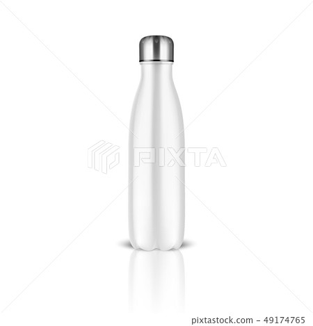 Vector Realistic 3d White Empty Glossy Metal Reusable Water Bottle with Silver Bung Closeup on White 49174765