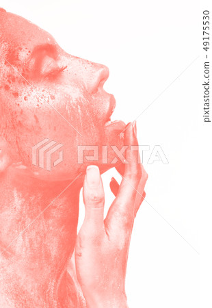 Sensual woman with bright coral make up Sensual woman with bright coral make up 49175530