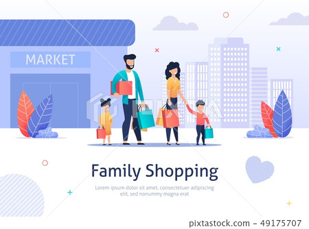 Family Shopping with Packages, Boxes near Market. 49175707