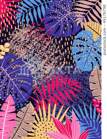 Floral Background with Vivid Tropical Leaves 49176798