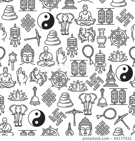 Buddhism religion line symbols seamless pattern 49177832