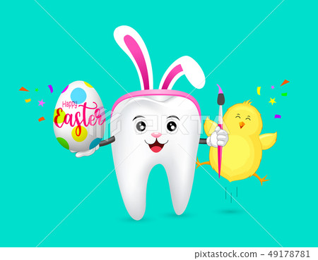 Bunny tooth character with brush and Easter egg.  49178781