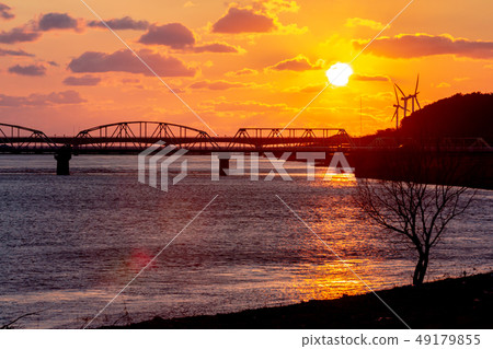 Wind turbines of sun and wind power sinking Akita Akita City 49179855