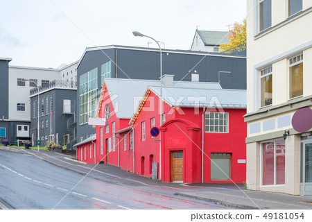 Perspective street view in downtown Akureyri city 49181054
