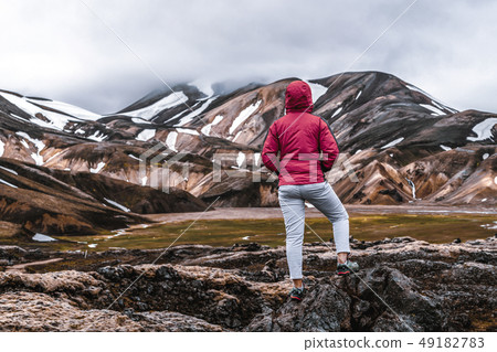 Traveler Hike at Landmannalaugar Iceland Highland Traveler Hike at Landmannalaugar Iceland Highland 49182783