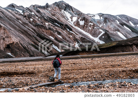 Traveler Hike at Landmannalaugar Iceland Highland Traveler Hike at Landmannalaugar Iceland Highland 49182803