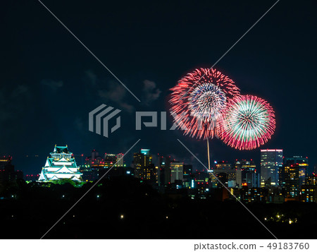 Night view and fireworks of Osaka Castle Night view and fireworks of Osaka Castle 49183760