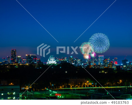 Night view and fireworks of Osaka Castle Night view and fireworks of Osaka Castle 49183763