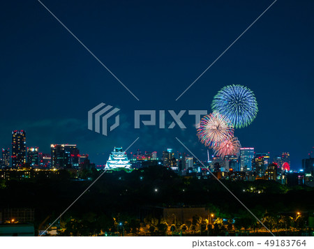 Night view and fireworks of Osaka Castle Night view and fireworks of Osaka Castle 49183764