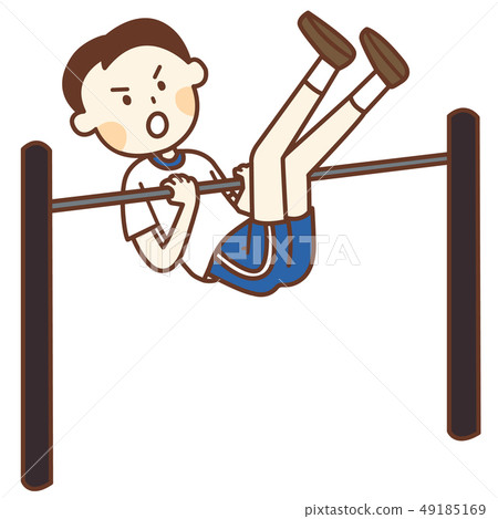 Boy in a gymnastics clothes going up with a steel rod 49185169