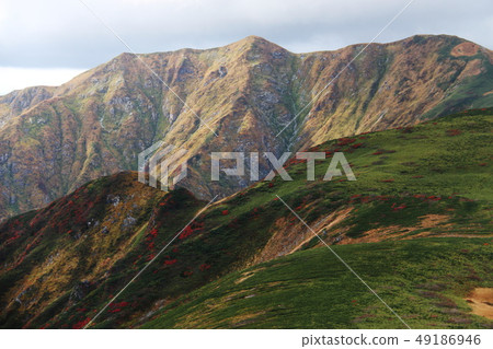 秋天的朝日山峰路到朝日山的山頂,看到西山的分支到山的形象。 秋天的朝日山峰路到朝日山的山頂,看到西山的分支到山的形象。 49186946