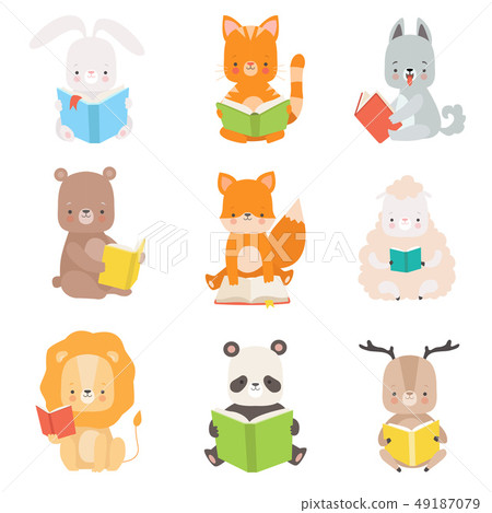 Cute Animals Characters Reading Books Set, Adorable Smart Cat, Panda Bear, Lion, Lamb, Fox, Wolf Cute Animals Characters Reading Books Set, Adorable Smart Cat, Panda Bear, Lion, Lamb, Fox, Wolf 49187079